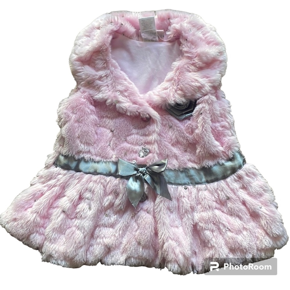 Little Lass Furry Vest Pink Silver Sequin 12 Month Bow Sleeveless Jacket Coat